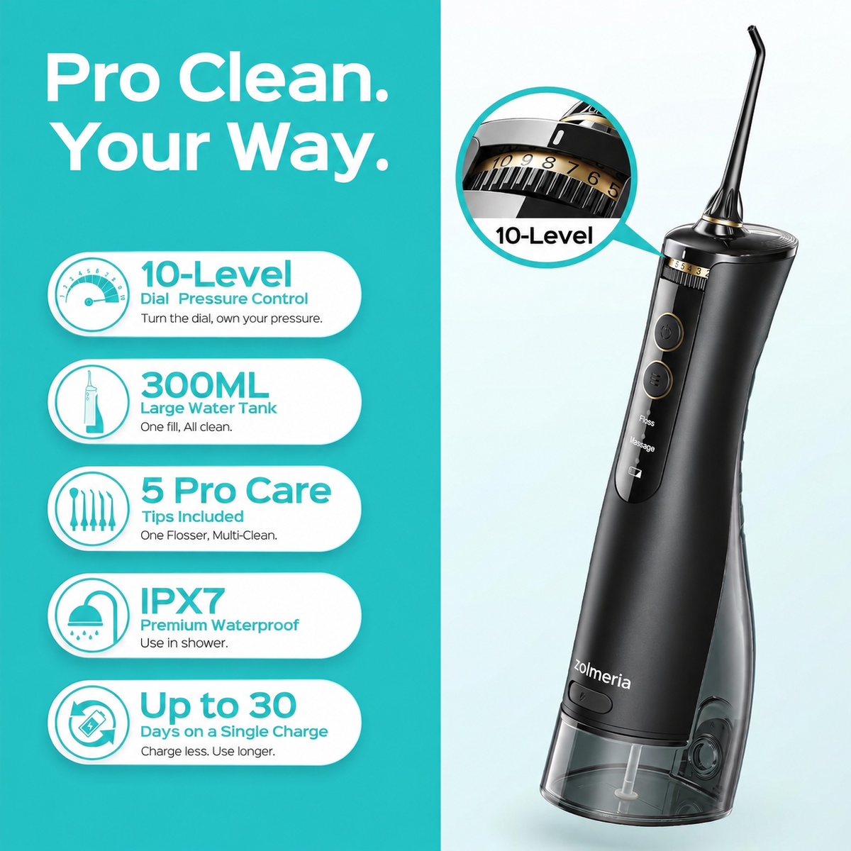 Zolmeron® Water Dental Flosser, 10 Pressure Levels, Black Pro