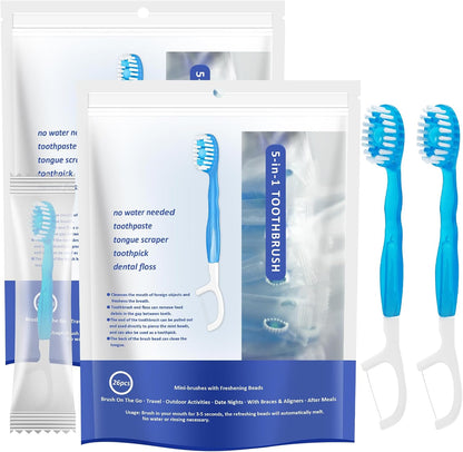 Zolmeron® 5 in 1 Mini Brushes-Disposable Toothbrushes with Toothpaste + Floss + Pick + Tongue Scraper | Travel Size | Individually Wrapped | Soft | Mint